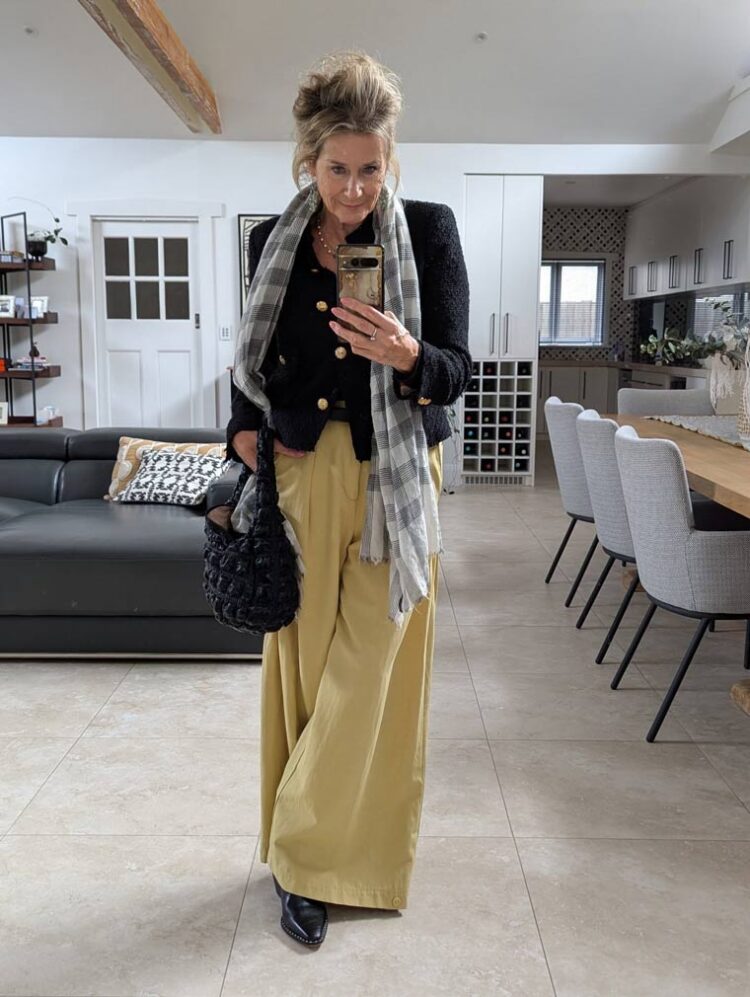 Suzie in yellow wide leg pants | 40plusstyle.com