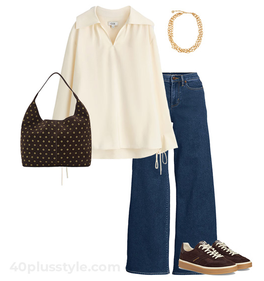 Cream shirt and jeans outfit | 40plusstyle.com