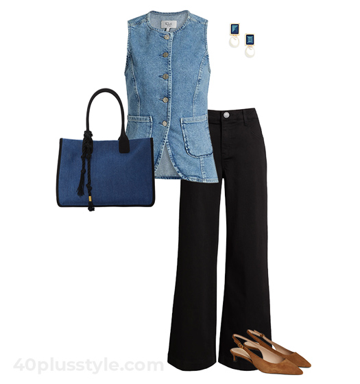 How to wear denim for fall - Denim waistcoat and black pants outfit | 40plusstyle.com