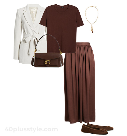 Cream blazer and brown skirt outfit | 40plusstyle.com