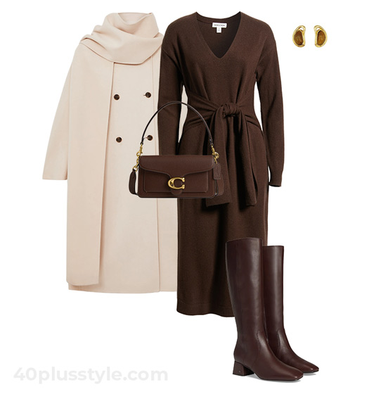Cream coat and brown dress | 40plusstyle.com