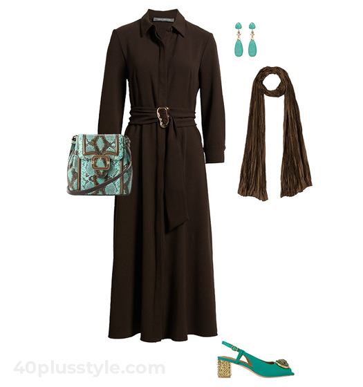 long-sleeve dress and turquoise bag | 40plusstyle.com