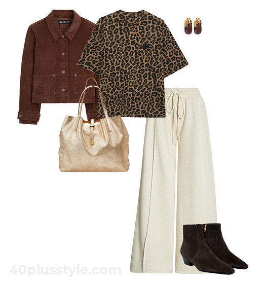 Leopard print top and cream pants | 40plusstyle.com