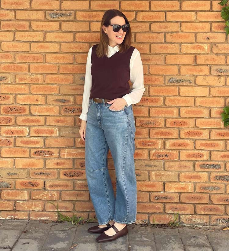 Karen wears a vest top and jeans | 40plusstyle.com