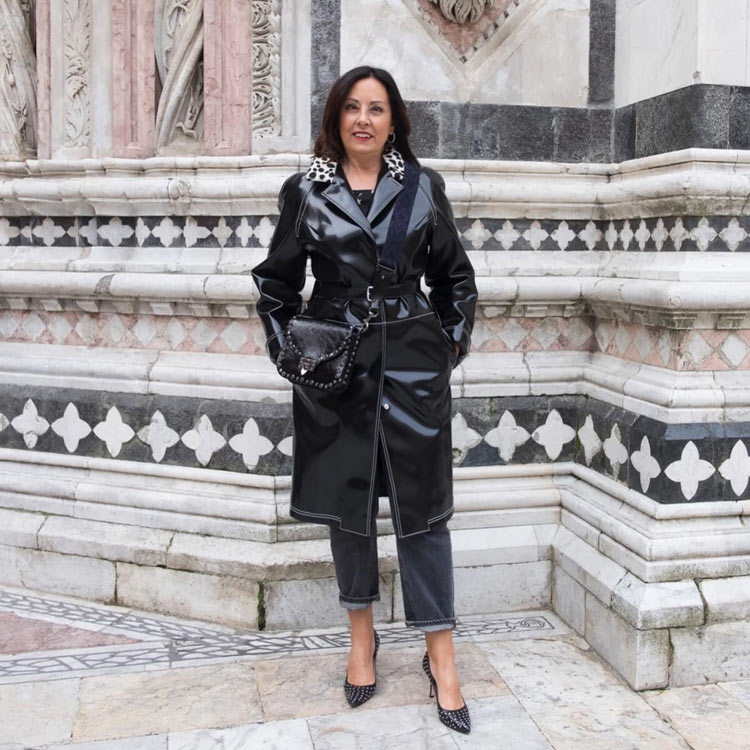 Rita in a shiny coat and heels | 40plusstyle.com