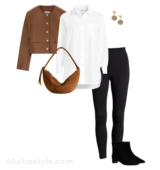 Suede jacket and leggings outfit | 40plusstyle.com