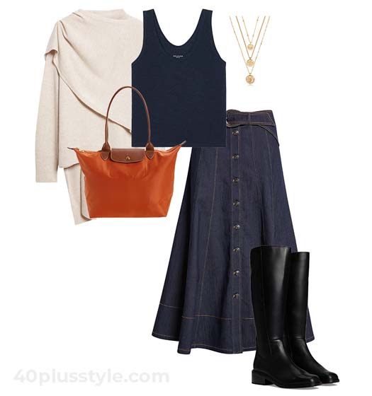 Sweater and denim skirt outfit | 40plusstyle.com
