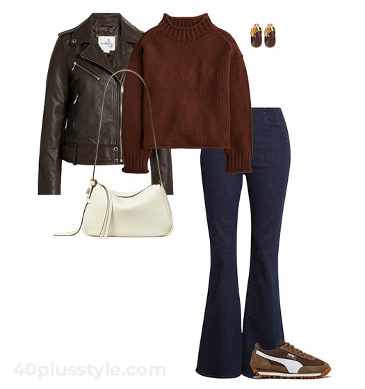 Brown sweater and jeans outfit | 40plusstyle.com