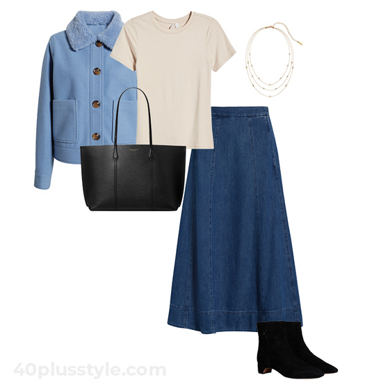 Blue jacket and denim skirt outfit | 40plusstyle.com