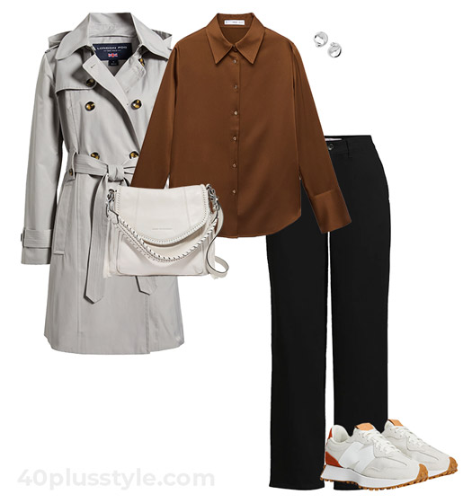 Trench coat and silky top outfit | 40plusstyle.com