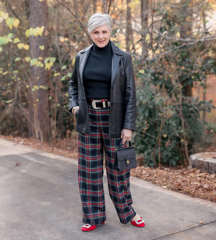 Beth in leather blazer, sweater and check pants | 40plusstyle.com
