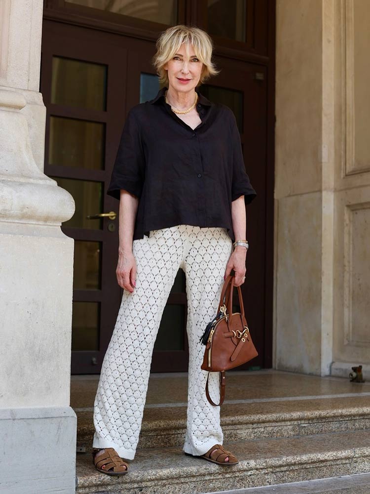 Lace pants and silk top outfit | 40plusstyle.com