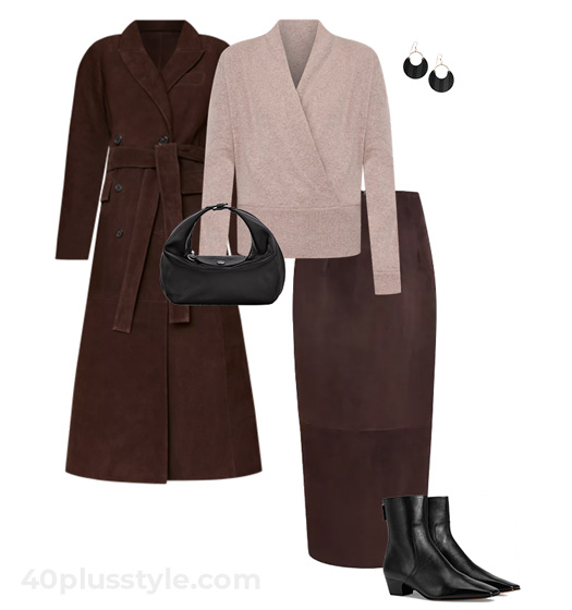 Suede coat and skirt outfit | 40plusstyle.com