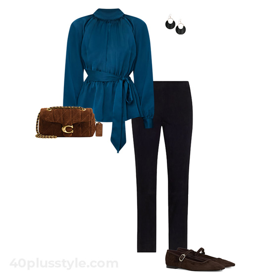 Satin top and suede pants | 40plusstyle.com