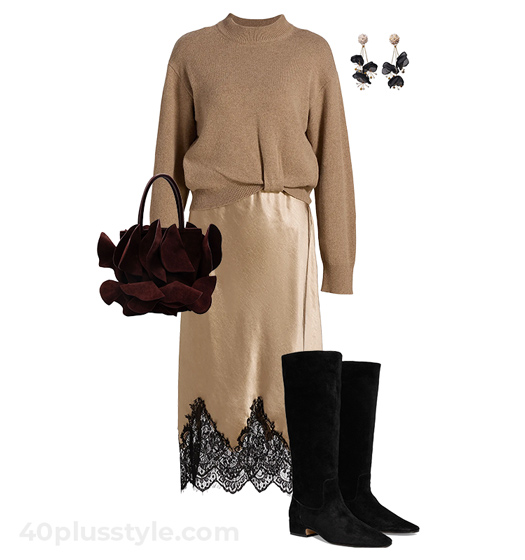 Lace dress and high boots | 40plusstyle.com