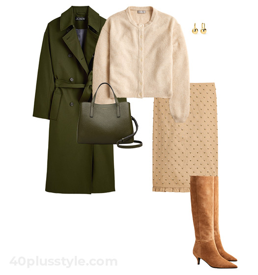 Trench coat, cardigan, embellished skirt and high boots | 40plusstyle.com