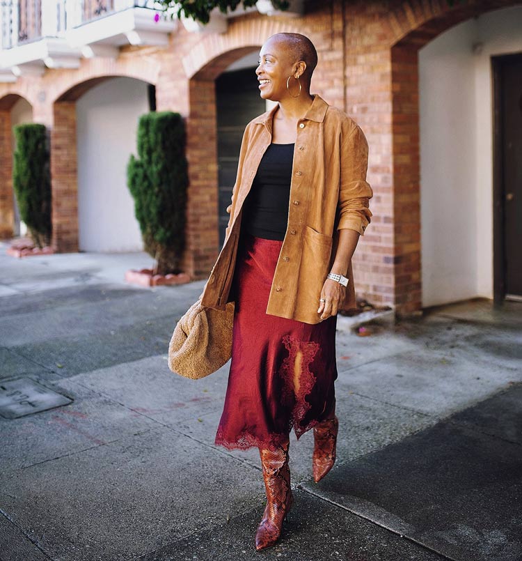 Kim wears a suede jacket and leather boots | 40plusstyle.com