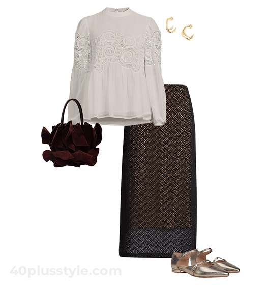 Cream top and black skirt | 40plusstyle.com