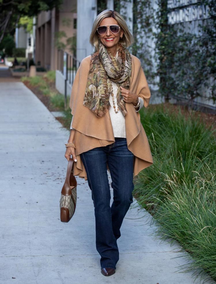 Nora in a draped waterfall cardigan | 40plusstyle.com