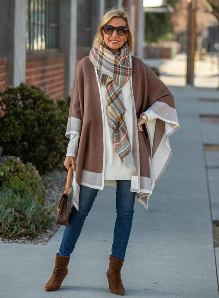 Nora in ruana and jeans | 40plusstyle.com