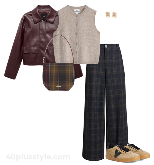 Fall outfit - leather jacket, vest and wide pants | 40plusstyle.com