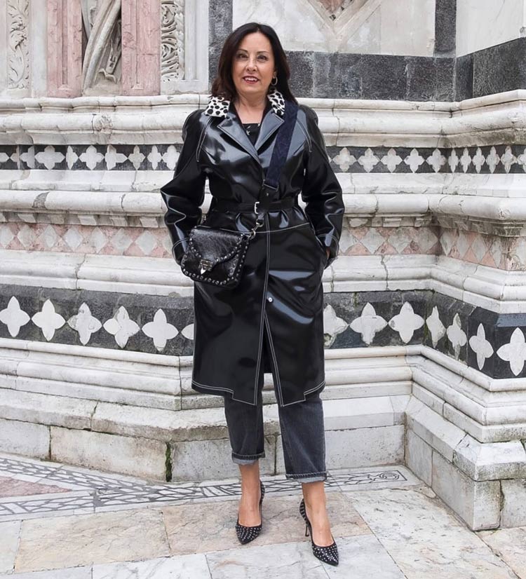 Rita in a patent jacket and jeans | 40plusstyle.com