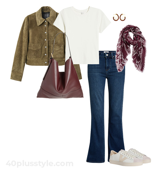 Suede jacket and jeans | 40plusstyle.com