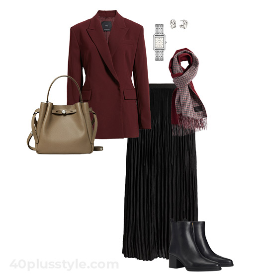 Burgundy blazer and black skirt outfit | 40plusstyle.com