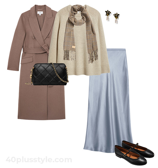 Coat, sweater and silk skirt outfit | 40plusstyle.com