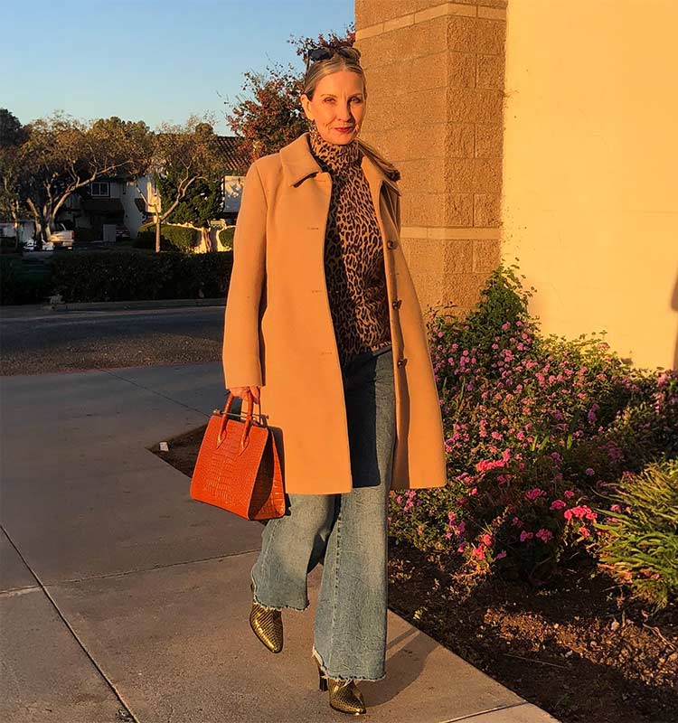 Leopard print outfit - Camel coat and leopard top | 40plusstyle.com