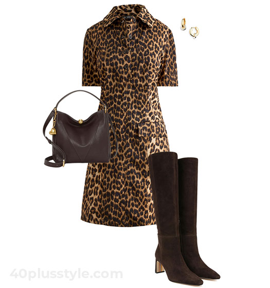 Print dress and knee boots | 40plusstyle.com