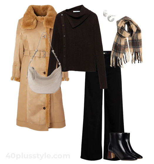 sheepskin coat and neutral outfit | 40plusstyle.com