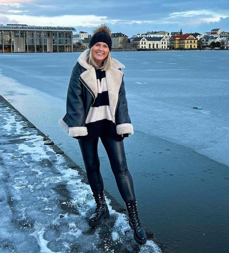 Jona wears a shearling jacket and leather leggings | 40plusstyle.com