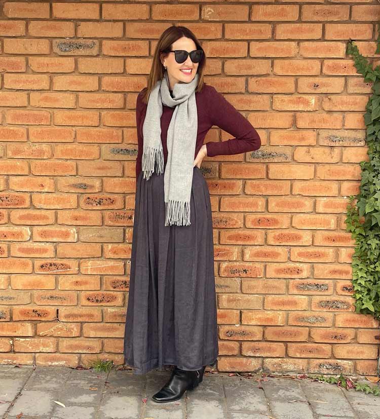 Karen wears a gray scarf with her outfit | 40plusstyle.com