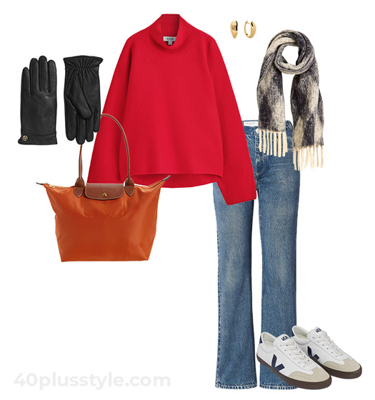 red sweater and jeans outfit | 40plusstyle.com