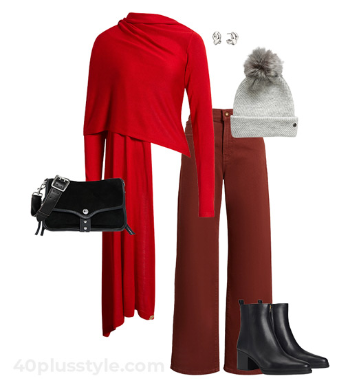 Red wrap and burgundy jeans | 40plusstyle.com