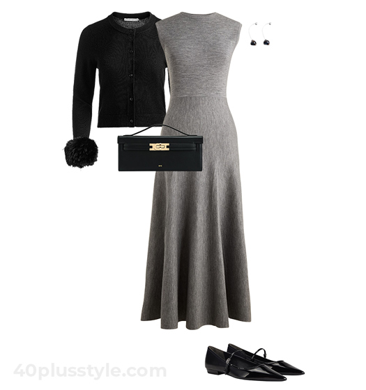 Black cardigan and gray dress | 40plusstyle.com