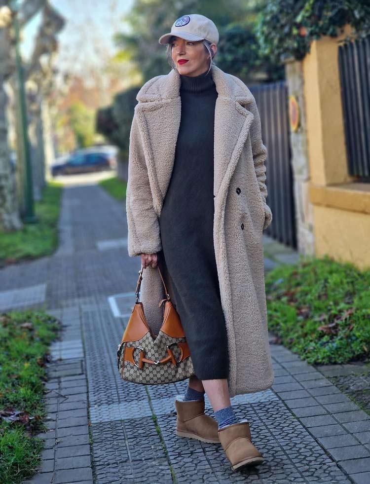 Carmen in a long coat and sweater dress | 40plusstyle.com