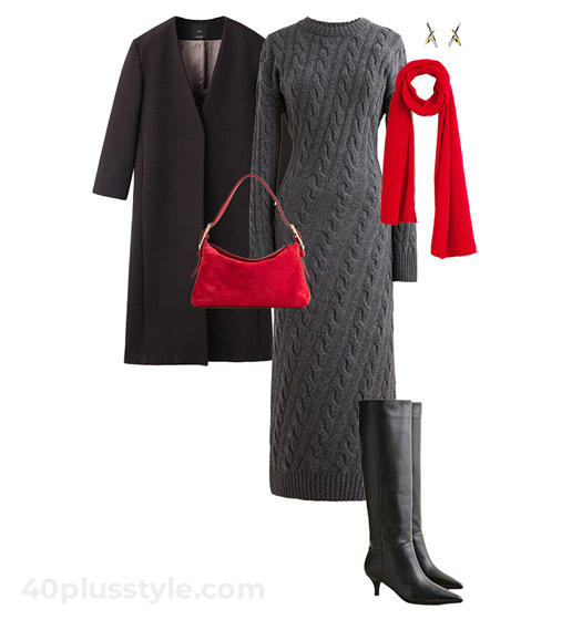 Christmas paty outfit idea: coat, sweater dress and high boots | 40plusstyle.com