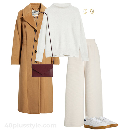 Wool coat and sweat pants outfit | 40plusstyle.com
