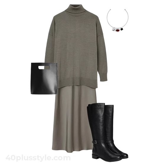 Gray dress and boots outfit | 40plusstyle.com