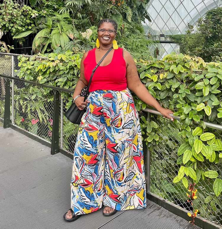 Georgette in tank top and printed pants | 40plusstyle.com