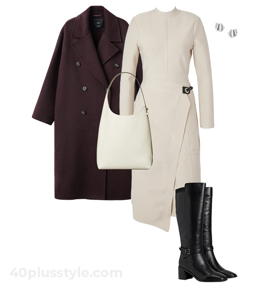Brown coat and cream sweater dress | 40plusstyle.com