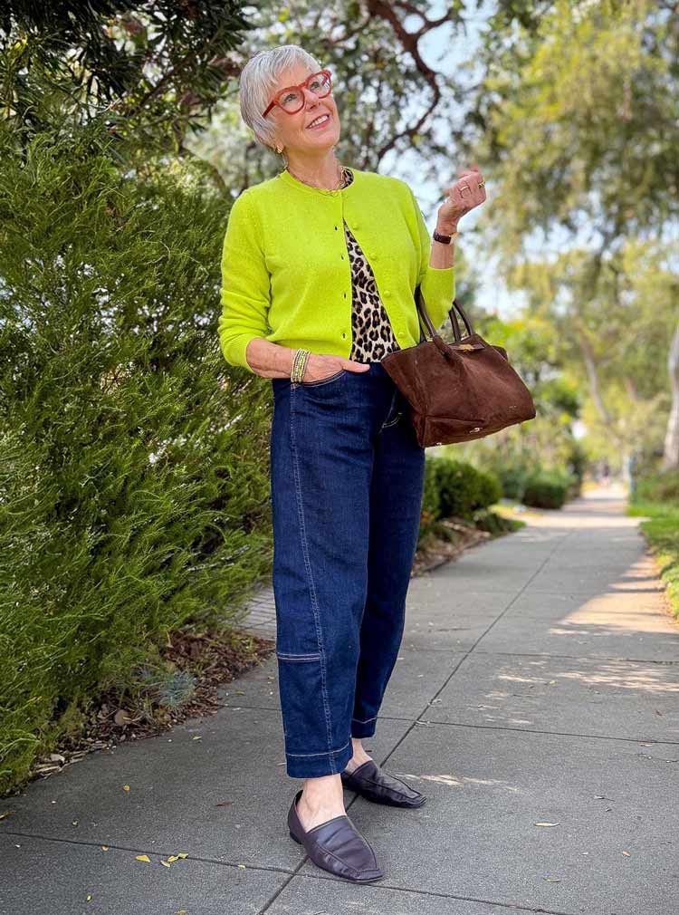 Susan wears barrel legs and a lime green cardigan | 40plusstyle.com
