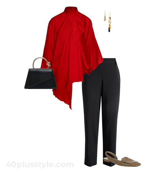 Red top and black pants outfit | 40plusstyle.com