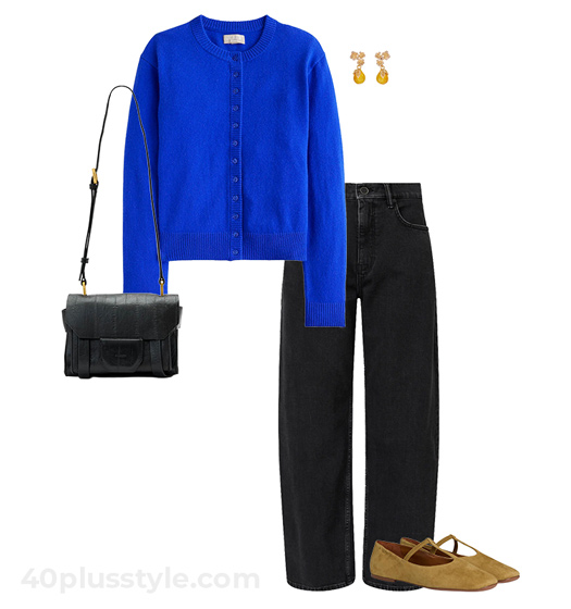 Blue cardigan and jeans outfit | 40plussyle.com