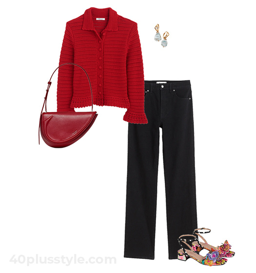 Red cardigan and black pants | 40plusstyle.com