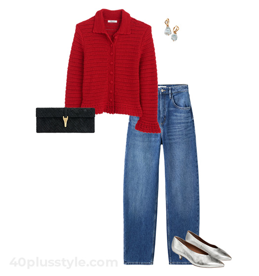 Red cardigan and jeans outfit | 40plusstyle.com