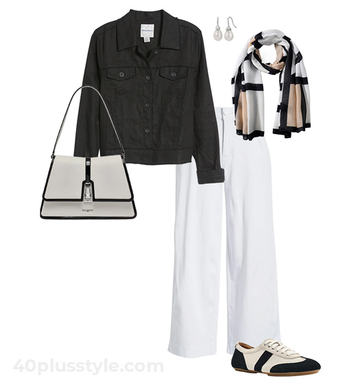 Black jacket and white jeans | 40plusstyle.com