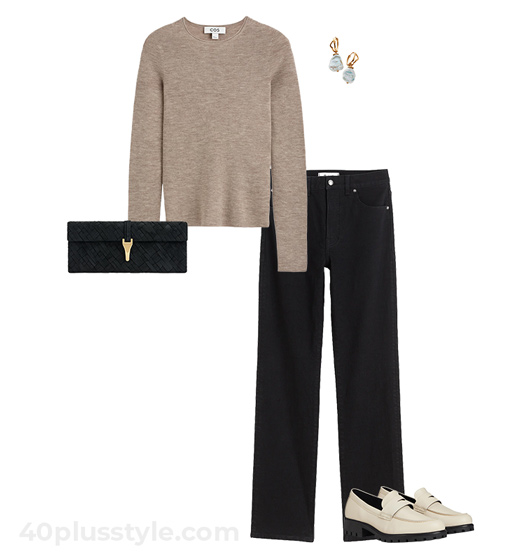 Beige sweater and black jeans | 40plusstyle.com